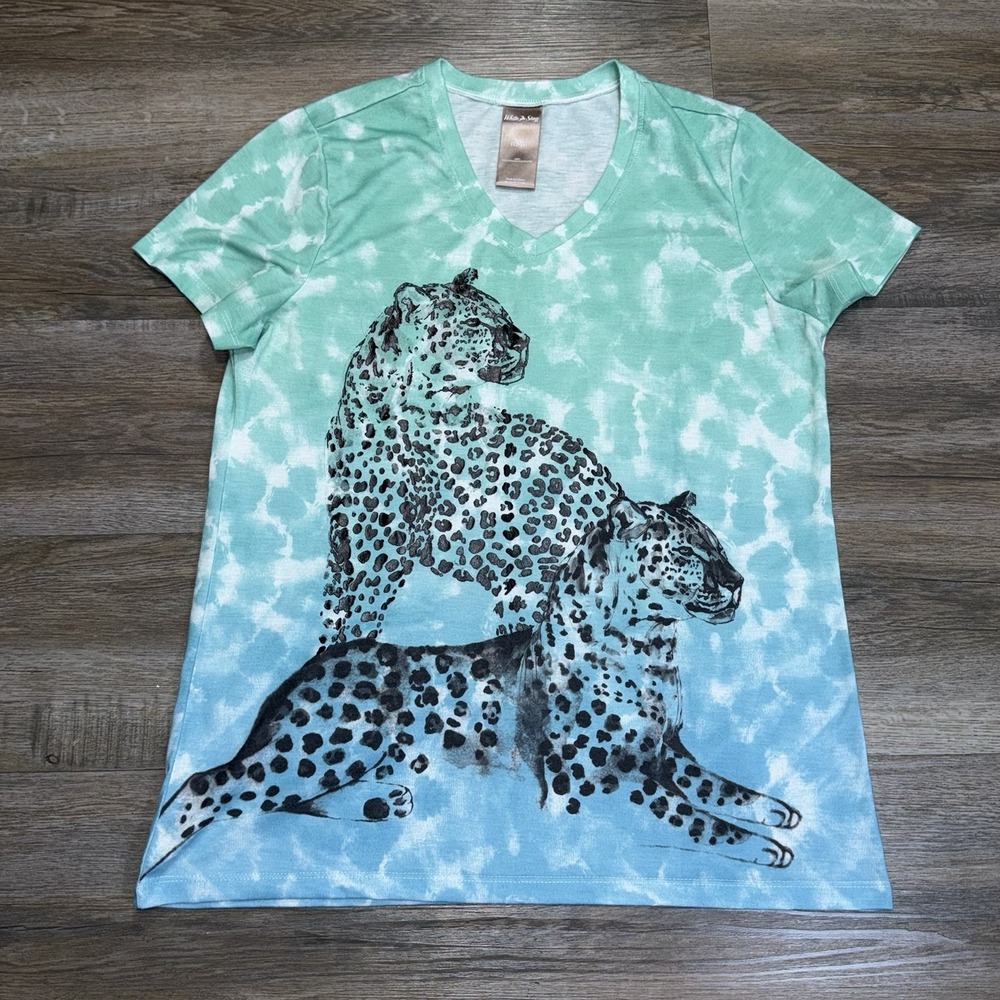 White Stag V-Neck Sublimation Tee Womens L (12-14) Turquoise Blue Tie-Dye Print